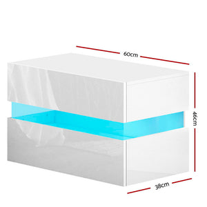 Ashley Rose Bedside Table 2 Drawers RGB LED Side Nightstand High Gloss Cabinet White - Ashley Rose