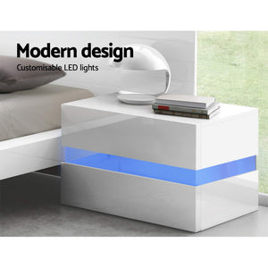 Ashley Rose Bedside Table 2 Drawers RGB LED Side Nightstand High Gloss Cabinet White - Ashley Rose