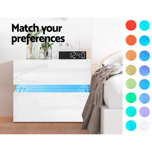 Ashley Rose Bedside Table 2 Drawers RGB LED Side Nightstand High Gloss Cabinet White - Ashley Rose