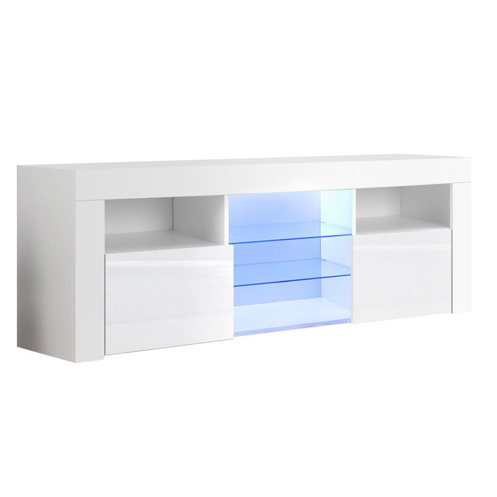 Ashley Rose 145cm RGB LED TV Stand Cabinet Entertainment Unit Gloss Furniture Tempered Glass Shelf White - Ashley Rose