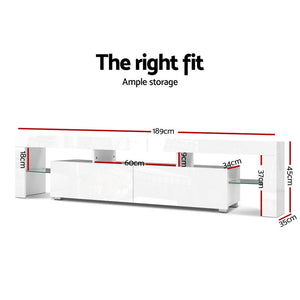 Ashley Rose 189cm RGB LED TV Stand Cabinet Entertainment Unit Gloss Furniture Drawers Tempered Glass Shelf White - Ashley Rose