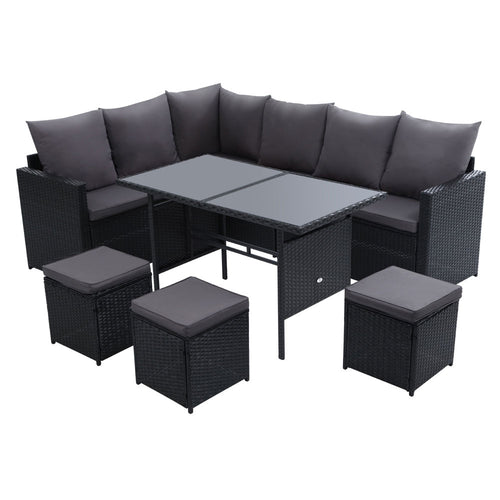 Ashley Rose Outdoor Furniture Dining Setting Sofa Set Lounge Wicker 9 Seater Black - Ashley Rose