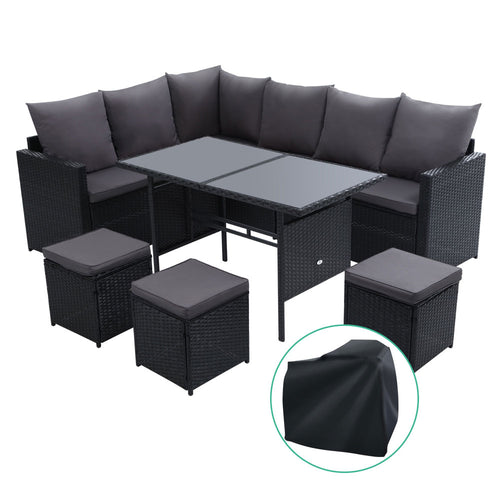 Ashley Rose Outdoor Furniture Dining Setting Sofa Set Wicker 9 Seater Storage Cover Black - Ashley Rose