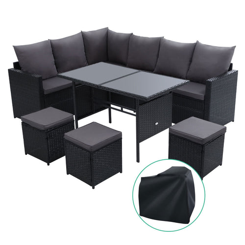 Ashley Rose Outdoor Furniture Sofa Set Dining Setting Wicker 9 Seater Storage Cover Black - Ashley Rose